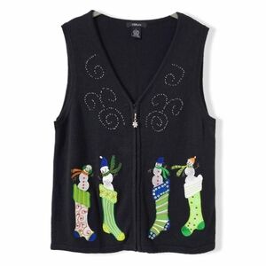 Ugly Christmas Sweater Vest, Snowman & Stocking Holiday Knit, Festive Retro, L